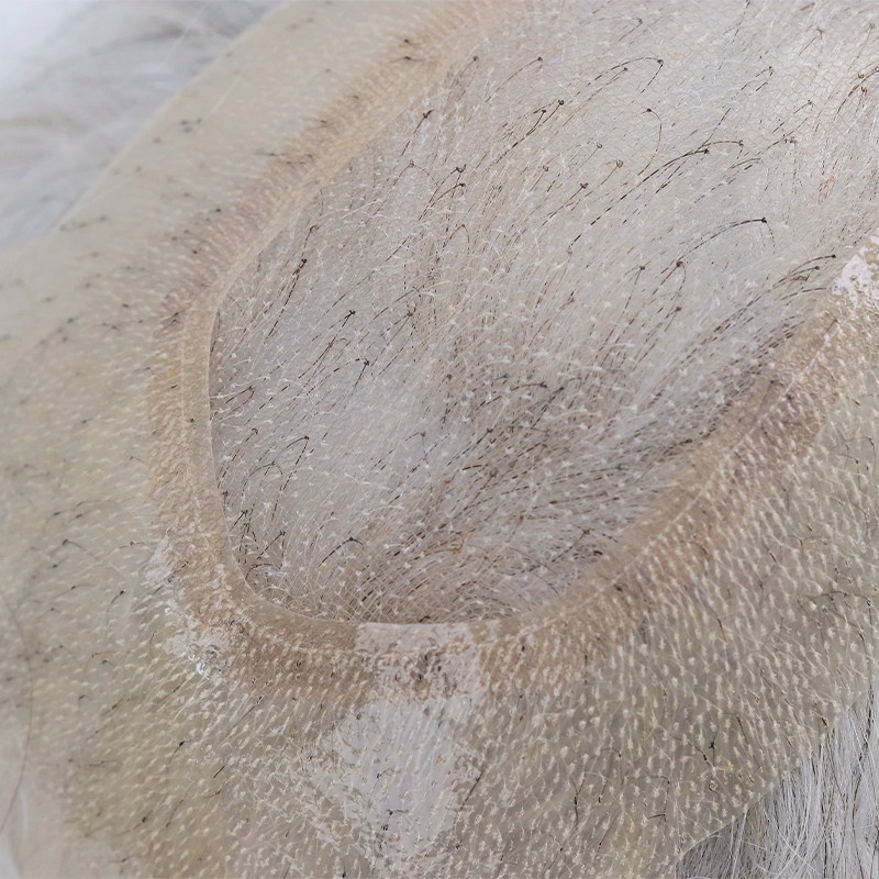 Lace + PU in Perimeter |3.5''X8.5'' Indian Human Hair 390 Dark Brown with 90% Gray |30mm Slight Wave |80% Light Density |6''