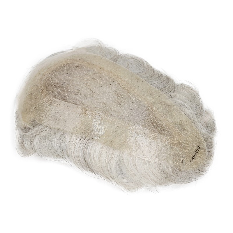 Lace + PU in Perimeter |3.5''X8.5'' Indian Human Hair 390 Dark Brown with 90% Gray |30mm Slight Wave |80% Light Density |6''