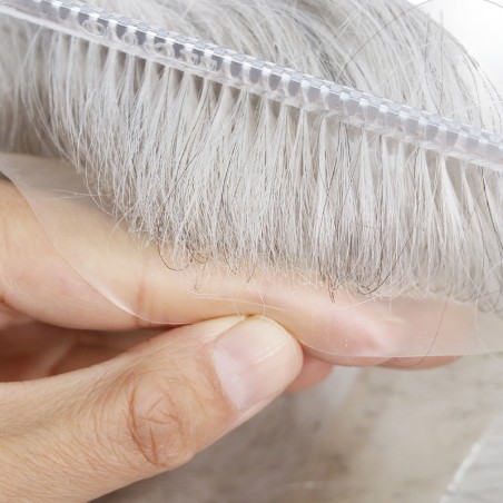 Lace + PU in Perimeter |3.5''X8.5'' Indian Human Hair 390 Dark Brown with 90% Gray |30mm Slight Wave |80% Light Density |6''